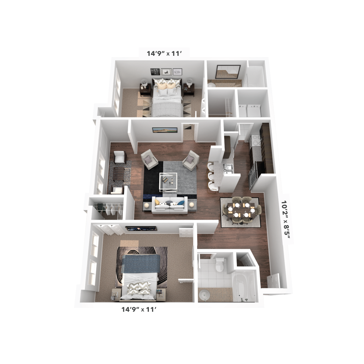 Floor plan for 2 beds, 2 baths, 1169 sqft
